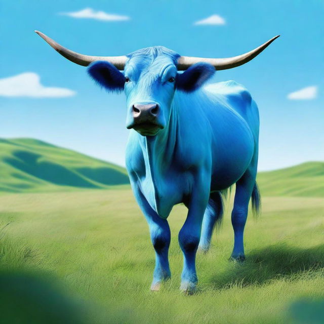 A digital art image of a mythical creature, the 'Sapi Biru' or Blue Cow, standing in a lush green field under a clear blue sky