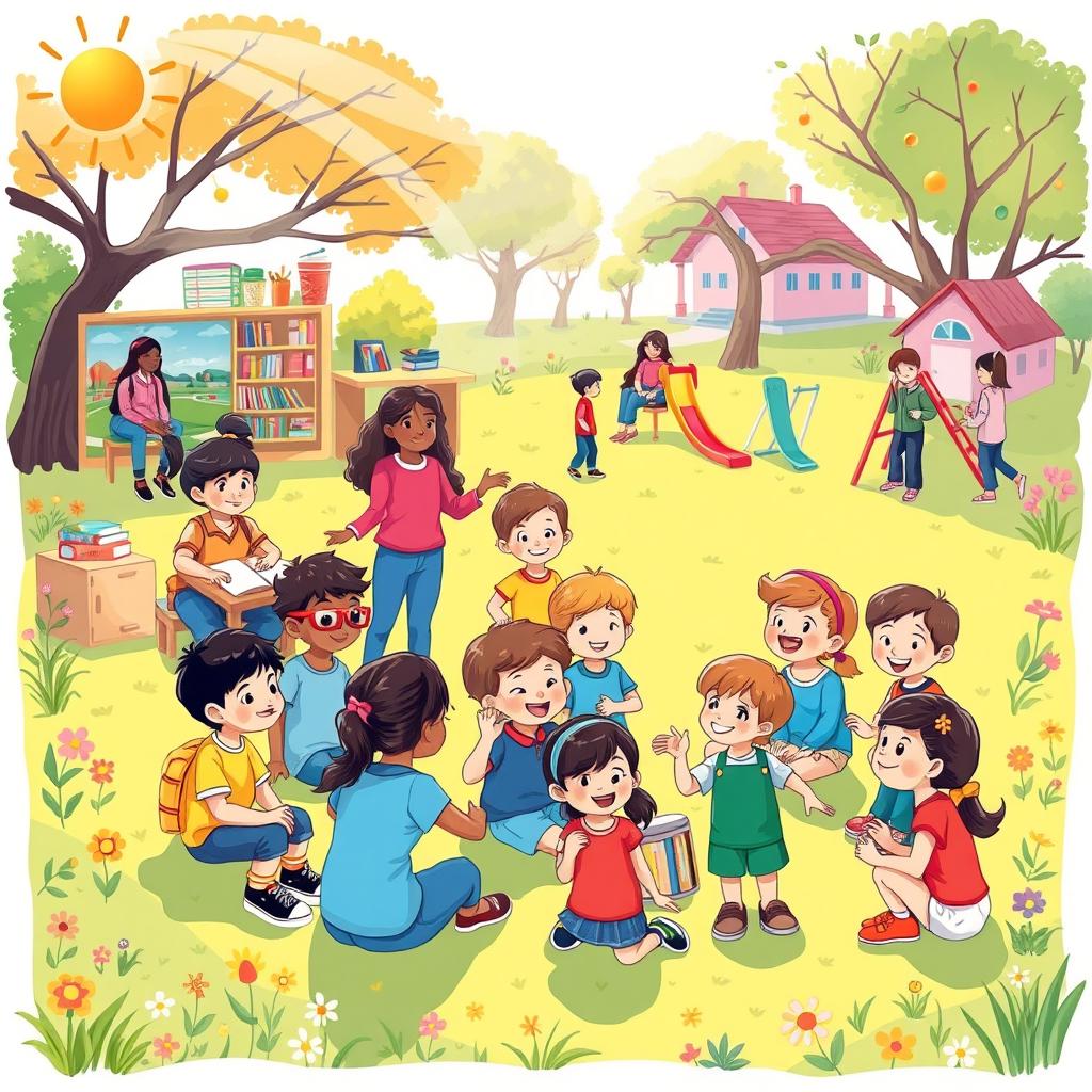 A heartwarming illustration of social support for children in a lively community setting