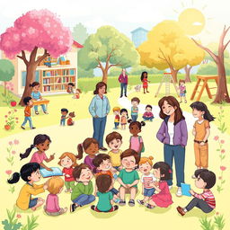 A heartwarming illustration of social support for children in a lively community setting
