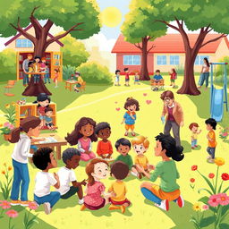 A heartwarming illustration of social support for children in a lively community setting