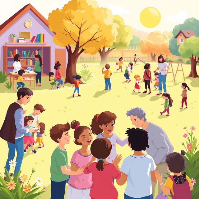 A heartwarming illustration of social support for children in a lively community setting