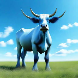 A digital art image of a mythical creature, the 'Sapi Biru' or Blue Cow, standing in a lush green field under a clear blue sky