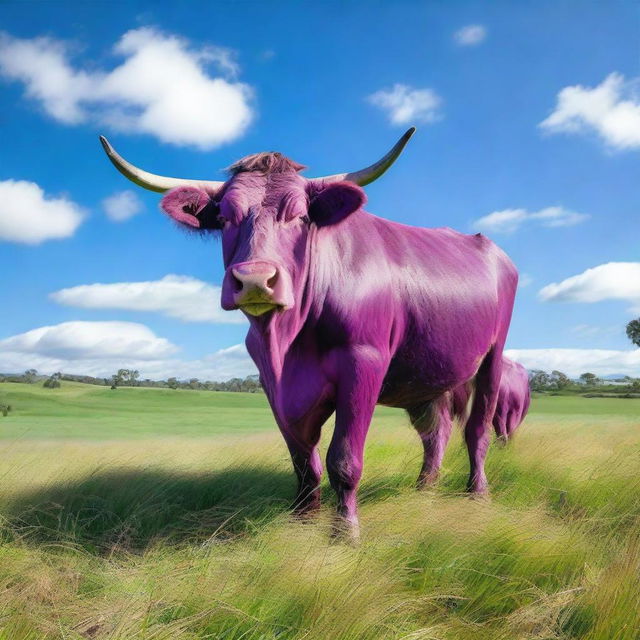 A hyper-realistic photograph of a 'Sapi Ungu' or Purple Cow standing in a green field under a clear blue sky