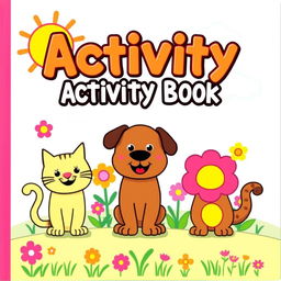 A colorful cover design for an activity book, featuring whimsical, childish figures in a two-dimensional style