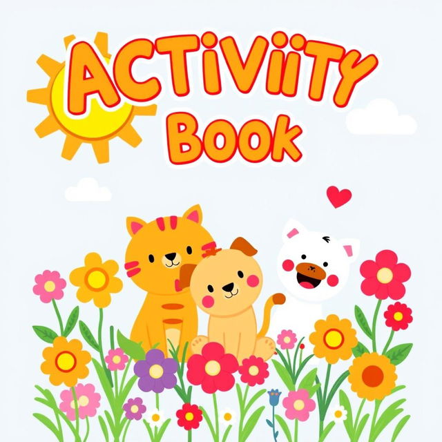 A colorful cover design for an activity book, featuring whimsical, childish figures in a two-dimensional style