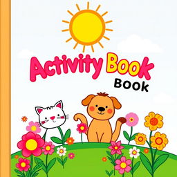 A colorful cover design for an activity book, featuring whimsical, childish figures in a two-dimensional style