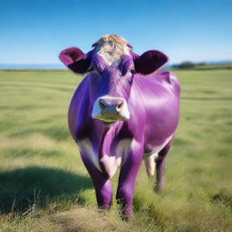 A hyper-realistic photograph of a 'Sapi Ungu' or Purple Cow standing in a green field under a clear blue sky