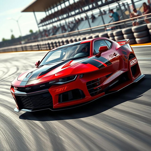 A sleek 2024 Camaro ZL1 racing on a time attack circuit, showcasing its aggressive stance and aerodynamic design