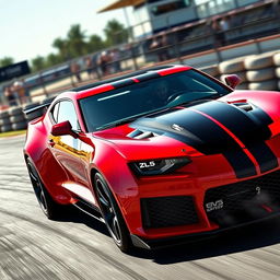 A sleek 2024 Camaro ZL1 racing on a time attack circuit, showcasing its aggressive stance and aerodynamic design
