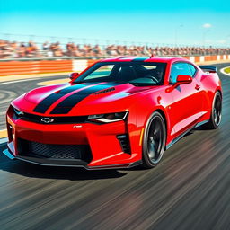 A sleek 2024 Camaro ZL1 racing on a time attack circuit, showcasing its aggressive stance and aerodynamic design