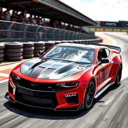 A sleek 2024 Camaro ZL1 racing on a time attack circuit, showcasing its aggressive stance and aerodynamic design