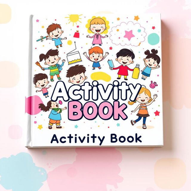 A vibrant and engaging cover design for an activity book, featuring cheerful and simplistic two-dimensional childish characters in various playful poses