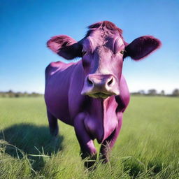 A hyper-realistic photograph of a 'Sapi Ungu' or Purple Cow standing in a green field under a clear blue sky