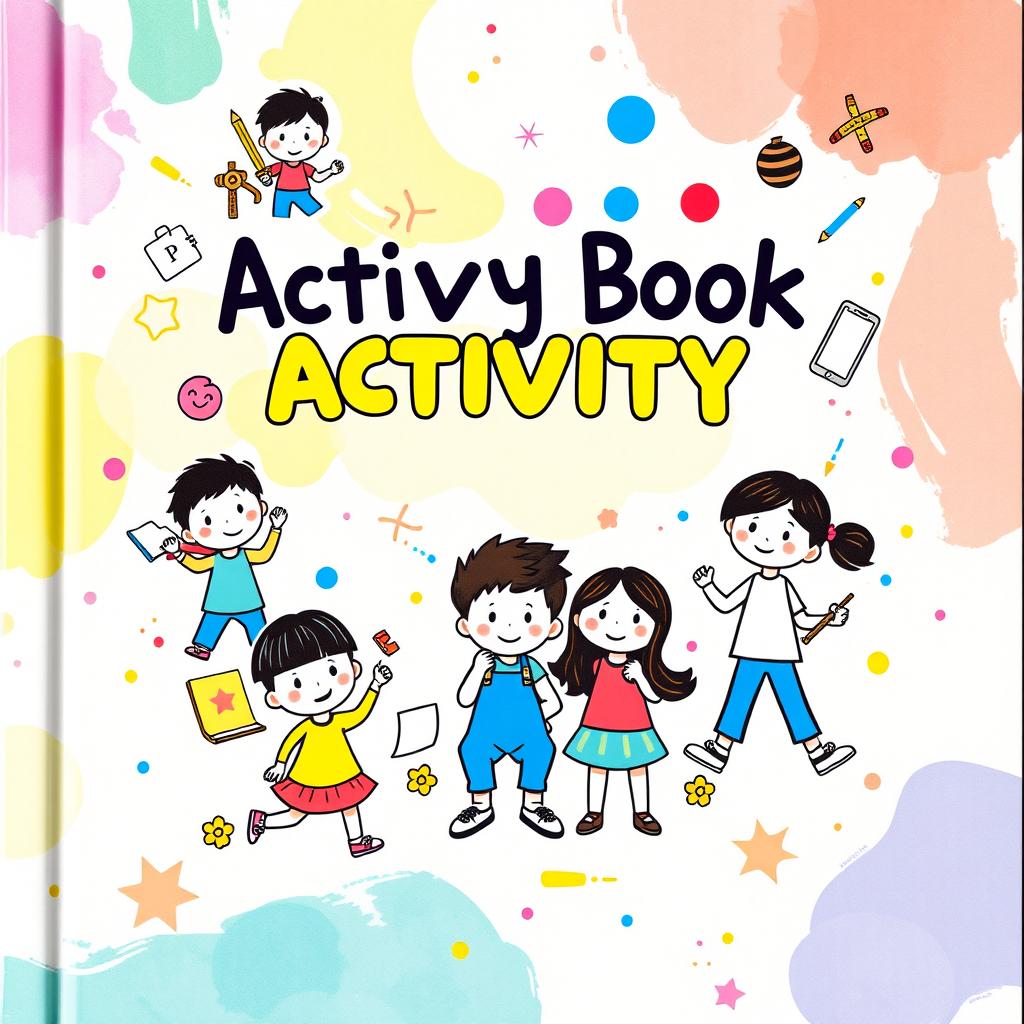 A vibrant and engaging cover design for an activity book, featuring cheerful and simplistic two-dimensional childish characters in various playful poses