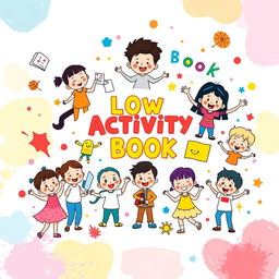 A vibrant and engaging cover design for an activity book, featuring cheerful and simplistic two-dimensional childish characters in various playful poses