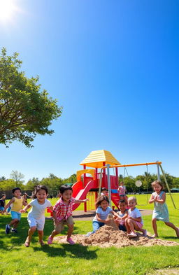 a vibrant playground filled with laughter, colorful equipment, joyful children playing tag, smiling faces, bright blue sky overhead, lush green grass, sunshine streaming down, a red and yellow slide, swings swaying gently, a group of kids building a sandcastle, a nearby tree providing shade