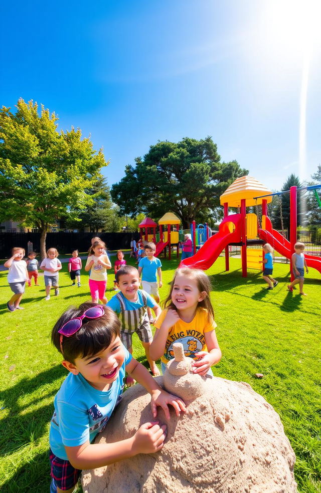 a vibrant playground filled with laughter, colorful equipment, joyful children playing tag, smiling faces, bright blue sky overhead, lush green grass, sunshine streaming down, a red and yellow slide, swings swaying gently, a group of kids building a sandcastle, a nearby tree providing shade