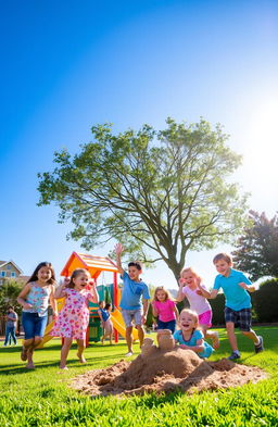 a vibrant playground filled with laughter, colorful equipment, joyful children playing tag, smiling faces, bright blue sky overhead, lush green grass, sunshine streaming down, a red and yellow slide, swings swaying gently, a group of kids building a sandcastle, a nearby tree providing shade