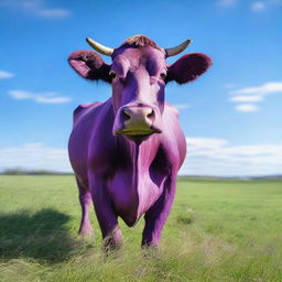 A hyper-realistic photograph of a 'Sapi Ungu' or Purple Cow standing in a green field under a clear blue sky