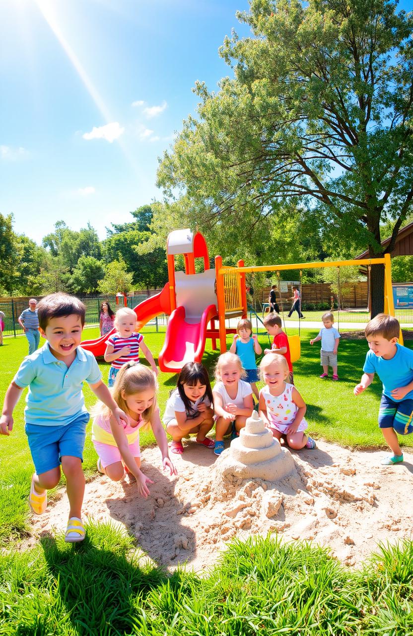 a vibrant playground filled with laughter, colorful equipment, joyful children playing tag, smiling faces, bright blue sky overhead, lush green grass, sunshine streaming down, a red and yellow slide, swings swaying gently, a group of kids building a sandcastle, a nearby tree providing shade