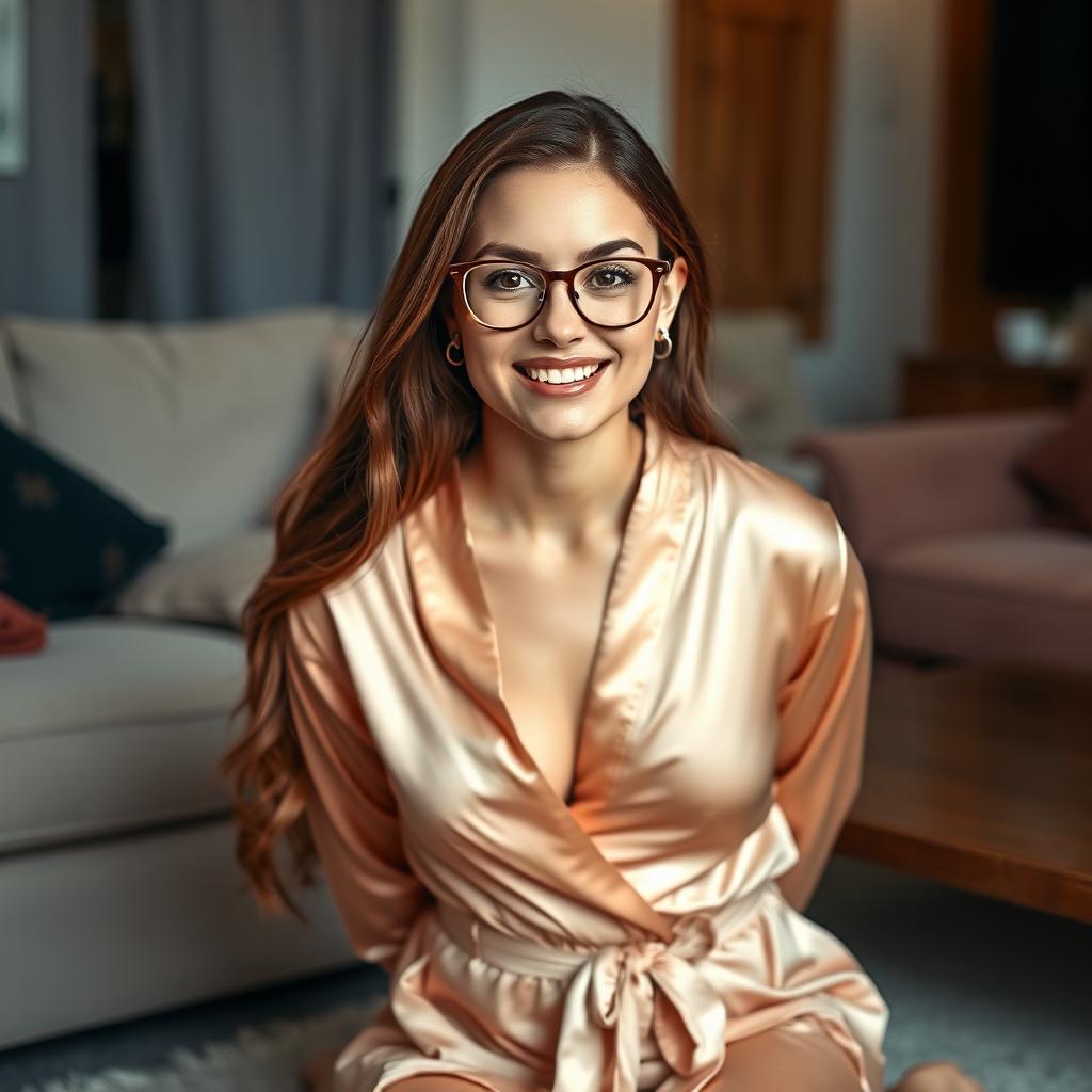 A buxom 21-year-old Russian secretary with long brown hair, wearing a revealing silk robe, positioned on her knees in a cozy living room