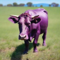 A high-definition, real-life photograph of a 'Sapi Ungu' or Purple Cow in a lush green field under a clear blue sky