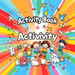 A vibrant and cheerful cover design for an activity book featuring a variety of cute, two-dimensional figures
