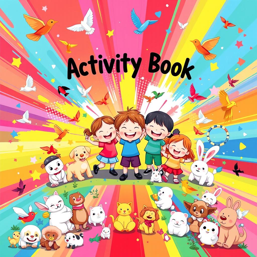 A vibrant and cheerful cover design for an activity book featuring a variety of cute, two-dimensional figures