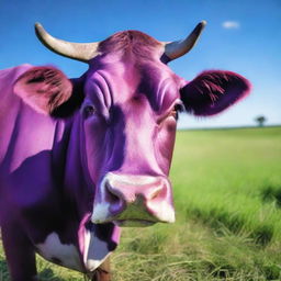 A high-definition, real-life photograph of a 'Sapi Ungu' or Purple Cow in a lush green field under a clear blue sky