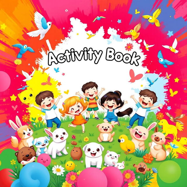 A vibrant and cheerful cover design for an activity book featuring a variety of cute, two-dimensional figures