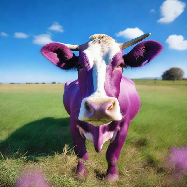 A high-definition, real-life photograph of a 'Sapi Ungu' or Purple Cow in a lush green field under a clear blue sky