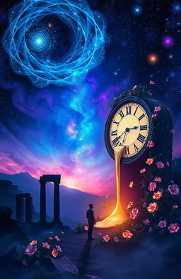 A mystical scene depicting the concept of time at its end, with cosmic elements and ethereal landscapes