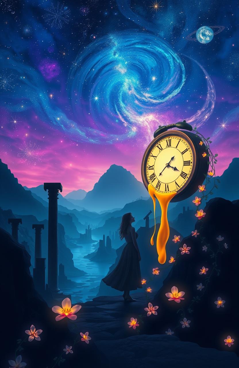 A mystical scene depicting the concept of time at its end, with cosmic elements and ethereal landscapes