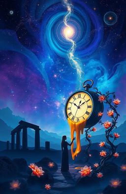 A mystical scene depicting the concept of time at its end, with cosmic elements and ethereal landscapes