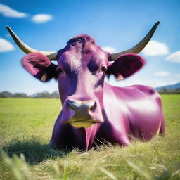 A high-definition, real-life photograph of a 'Sapi Ungu' or Purple Cow in a lush green field under a clear blue sky