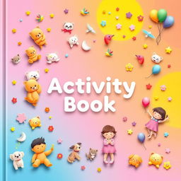 A vibrant and playful cover for an activity book, featuring two-dimensional childish figures in a flat design