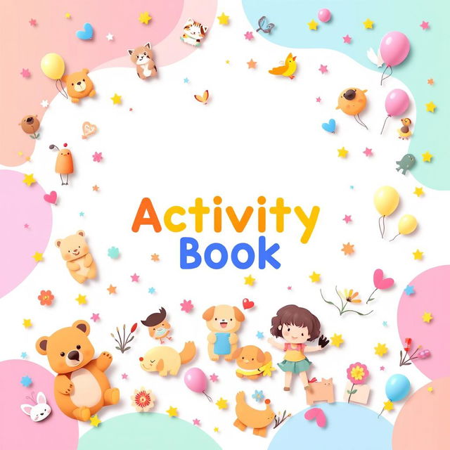 A vibrant and playful cover for an activity book, featuring two-dimensional childish figures in a flat design