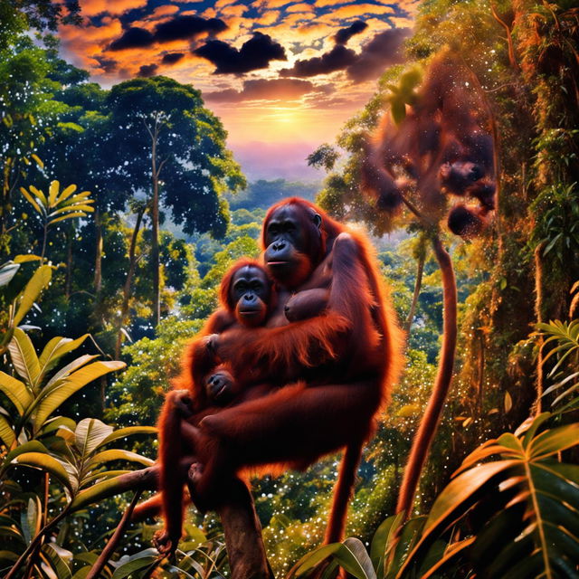 An ultra-wide, high-definition professional photograph of a tropical rainforest under a brilliant sky, featuring an orangutan mother and her baby