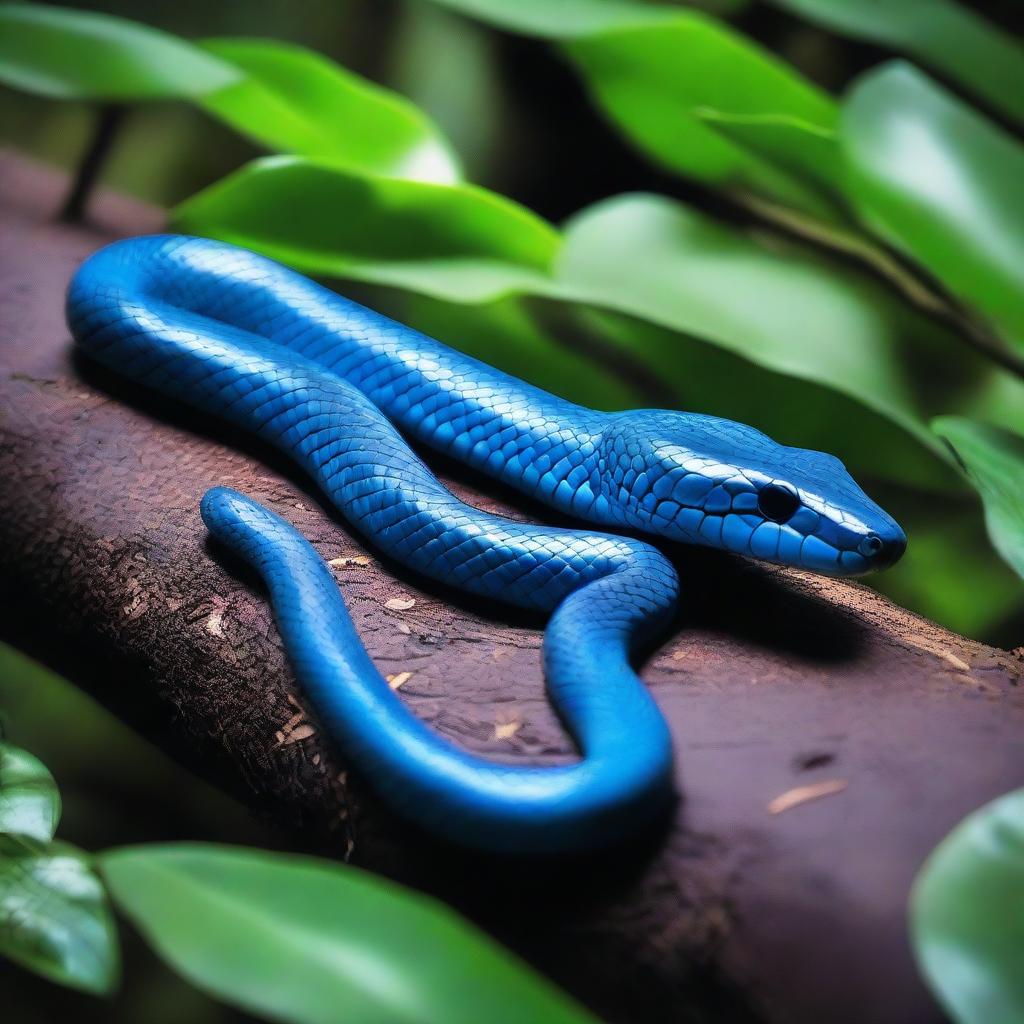 A high-definition, real-life photograph of a 'Ular Biru' or Blue Snake in a dense forest