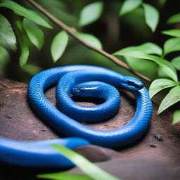 A high-definition, real-life photograph of a 'Ular Biru' or Blue Snake in a dense forest