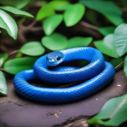 A high-definition, real-life photograph of a 'Ular Biru' or Blue Snake in a dense forest