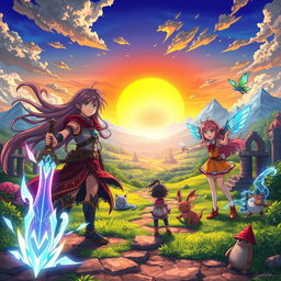 A group of original anime characters, each with unique powers and personalities, gather in a vibrant, fantastical landscape filled with magical creatures and ancient ruins