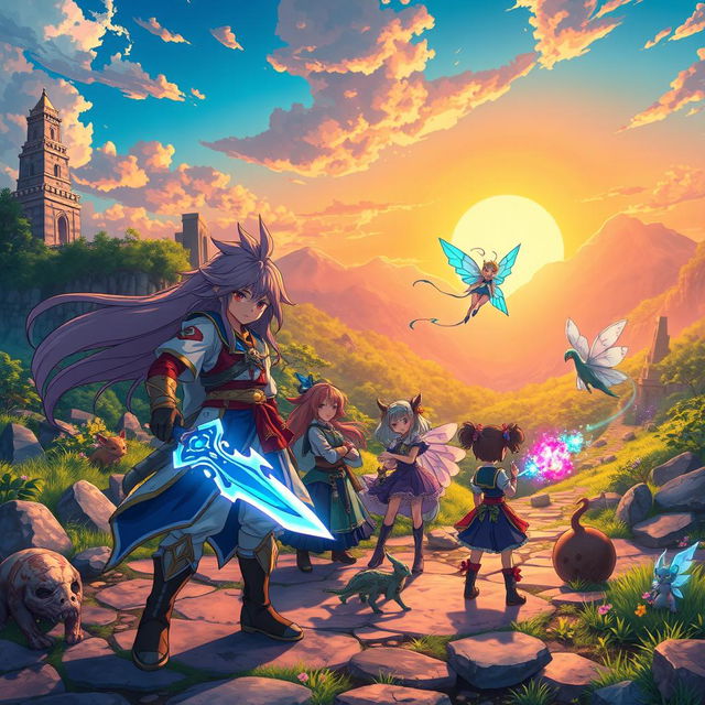 A group of original anime characters, each with unique powers and personalities, gather in a vibrant, fantastical landscape filled with magical creatures and ancient ruins