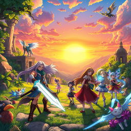 A group of original anime characters, each with unique powers and personalities, gather in a vibrant, fantastical landscape filled with magical creatures and ancient ruins