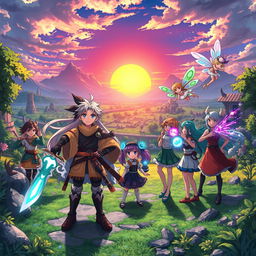 A group of original anime characters, each with unique powers and personalities, gather in a vibrant, fantastical landscape filled with magical creatures and ancient ruins