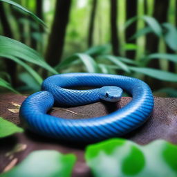 A high-definition, real-life photograph of a 'Ular Biru' or Blue Snake in a dense forest