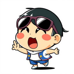 A vibrant and humorous graphic illustration featuring a character resembling Crayon Shin-chan in a cute cartoon style