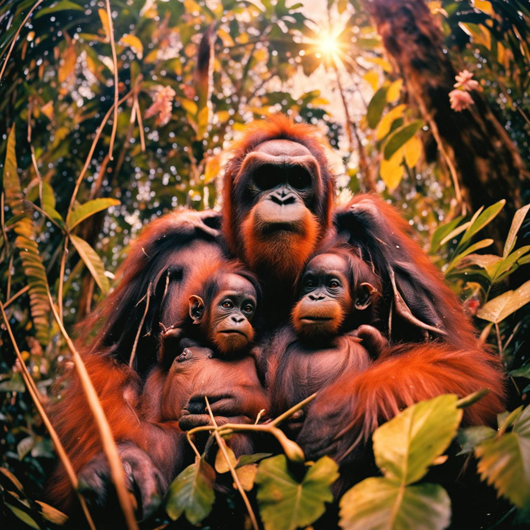 This professional HD photograph features an orangutan mother and her baby in a tropical rainforest