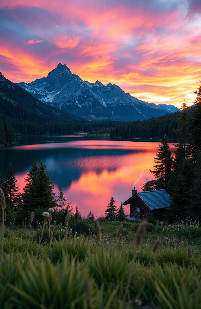 A serene landscape featuring a picturesque mountain range at sunset, with vibrant hues of orange, purple, and pink reflecting off the clouds