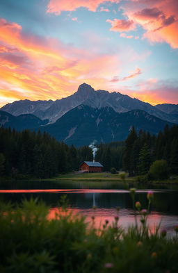 A serene landscape featuring a picturesque mountain range at sunset, with vibrant hues of orange, purple, and pink reflecting off the clouds